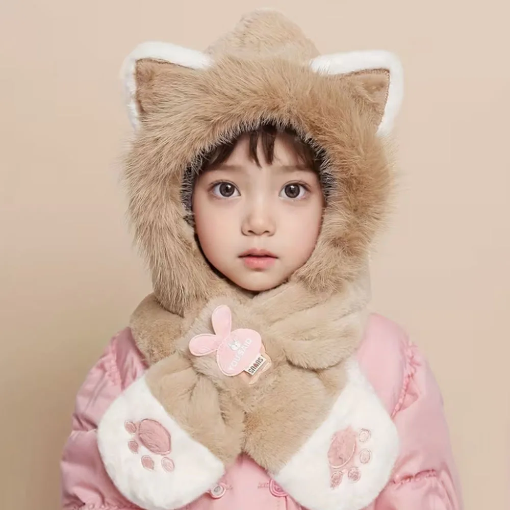 kf-A6549a85e7e624c7d8237590adc2c7e6es 2-10Y Youngsters Cat Paw Embroidery Hat and Scarf Combo Pullover Cute Cat Ear Winter Plush Thickened Ear Neck Protection Warm - Image 1
