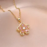 Korean Fashion Rotatable Crystal Flower Heart Pendant Necklaces for Women Stainless Steel Chokers Wedding Party Jewelry - Image 5