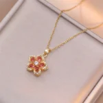 Korean Fashion Rotatable Crystal Flower Heart Pendant Necklaces for Women Stainless Steel Chokers Wedding Party Jewelry - Image 4