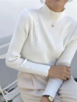 Women Knitted Sweater Long Sleeve Button Turtleneck Slim Pullovers for Autumn Winter Female Sweaters Soft Warm Bottoming Tops - Image 2