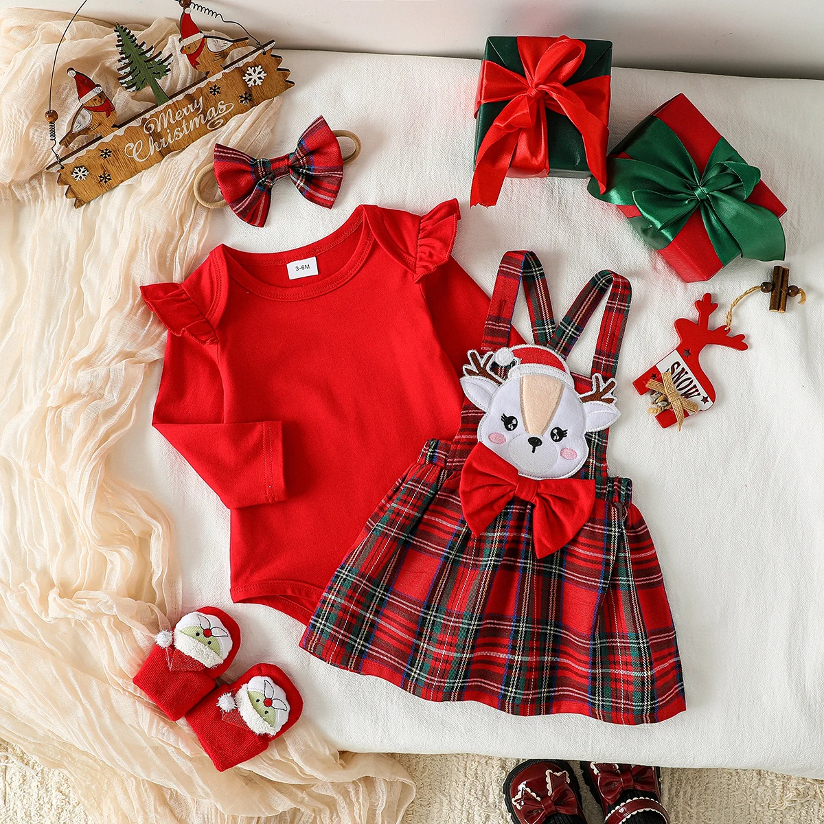 kf-S0dde25500c7d4214a84ce15ce013bf0dC 3Pcs Autumn Christmas Newborn Infant Baby Girl Clothes Sets Knit Red Romper Deer Plaid Skirts Outfits Costume 0-1Y +Headband - Image 1