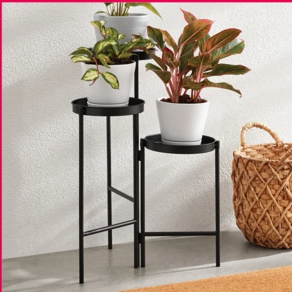 Black Metal 3 Tier Plant Stand Indoor Outdoor Flower Display Storage Rack Collapsible Design Durable Iron Construction Elegant