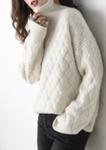 Women's Autumn Winter Thick Mock Neck Pullover 100% Merino Wool Sweater Rhombus Knit Casual Loose Style Cashmere Knitwear