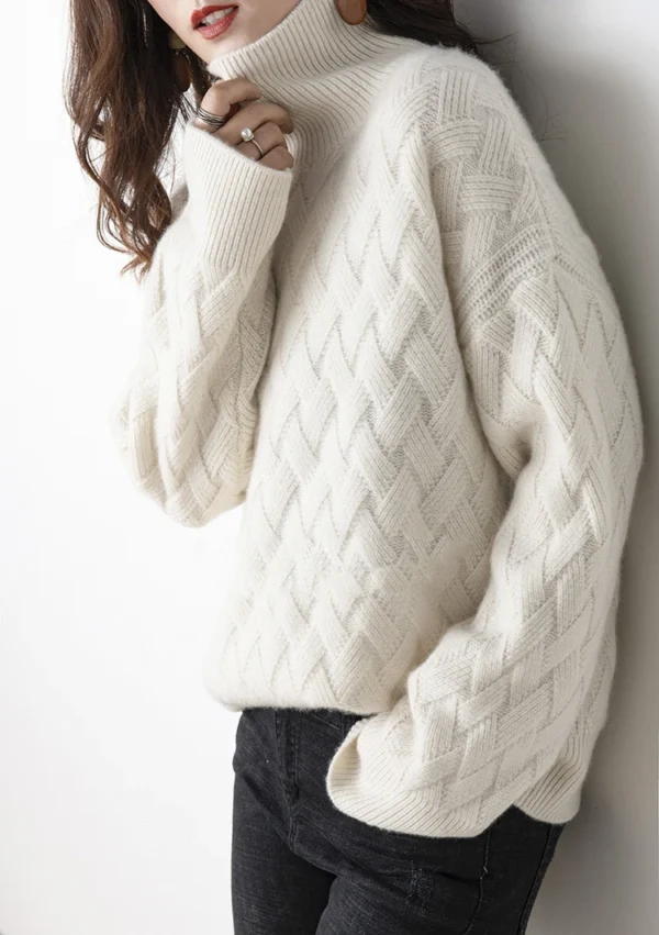 Women's Autumn Winter Thick Mock Neck Pullover 100% Merino Wool Sweater Rhombus Knit Casual Loose Style Cashmere Knitwear