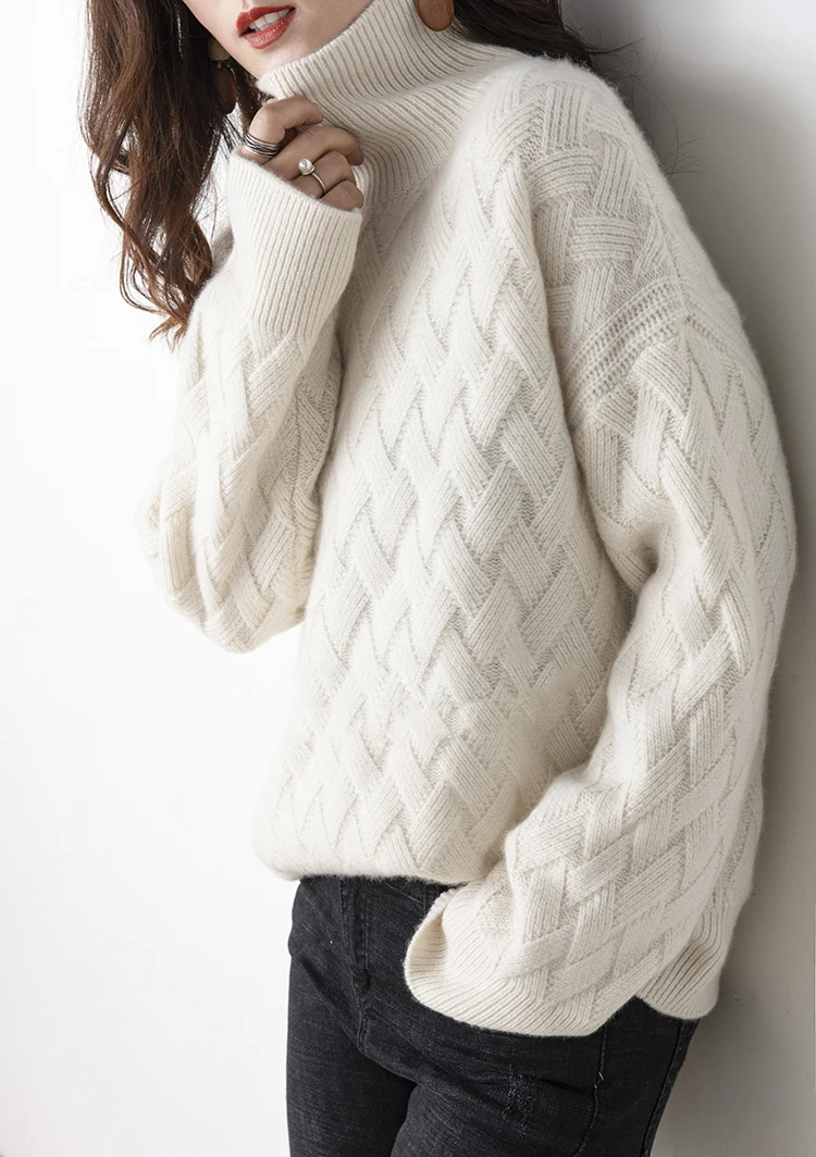 kf-S2d26ee7dd4b74561bba3a88074397111L Women's Autumn Winter Thick Mock Neck Pullover 100% Merino Wool Sweater Rhombus Knit Casual Loose Style Cashmere Knitwear - Image 1