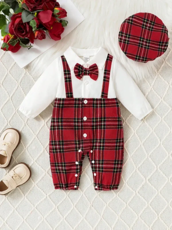 Gentleman Style Autumn Fashion 1-24m Baby Boys' Onesie Red Plaid Small Bow Tie Color Contrast Breasted Lapel Long-Sleeved Onesie