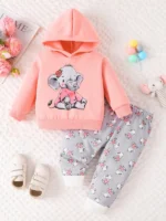 Spring Autumn Baby Girl Cartoon Elephant Print Fleece Sweatshirt Random Print Long Pants Cute Two-Piece Set for Toddlers