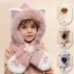 2-10Y Youngsters Cat Paw Embroidery Hat and Scarf Combo Pullover Cute Cat Ear Winter Plush Thickened Ear Neck Protection Warm - Image 3