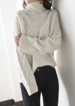 Women's Autumn Winter Thick Mock Neck Pullover 100% Merino Wool Sweater Rhombus Knit Casual Loose Style Cashmere Knitwear - Image 4