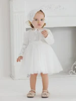 White Christening Dress for Newborn Babies With Long Sleeved 3 Months Baby Dress Little Girls Lace Baptism Ball Dress+Hat - Image 5