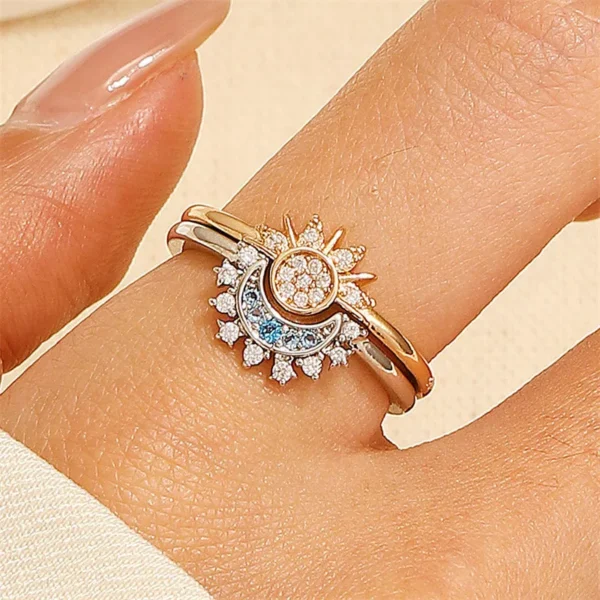 FTCY Adjustable Sparkling Moon Sun Star Ring for Women Couple Elegant Finger Ring Wedding Party Jewelry Gifts Accessories