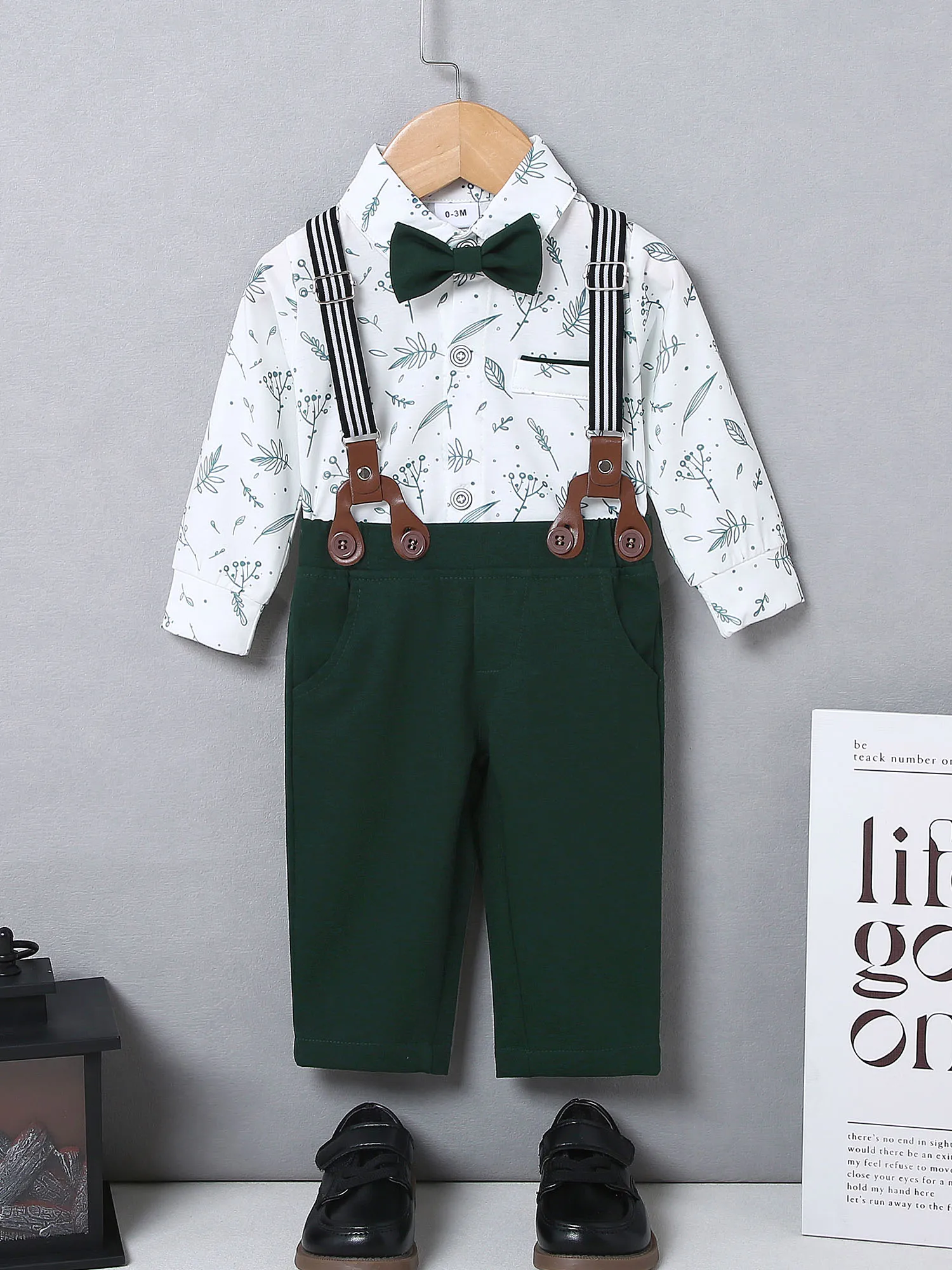 kf-S92ca7e1803bf4dd4a6df23548ad04d623 Baby Boy Clothes Infant Tuxedo Long Sleeve Gentleman Outfits + Suspender Pants + Bowtie + Beret Hat Baby Boy Suit Set - Image 1