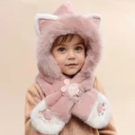 2-10Y Youngsters Cat Paw Embroidery Hat and Scarf Combo Pullover Cute Cat Ear Winter Plush Thickened Ear Neck Protection Warm - Image 4