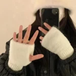 New Women's Half-Finger Gloves - Soft & Warm for Winter, Luxury Solid-Color Plush Knitted Fingerless Gloves - Image 5