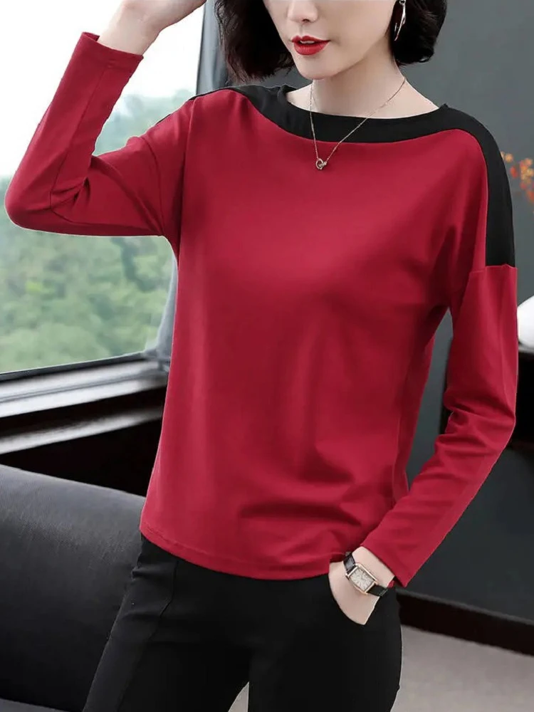 kf-Sa119829f853f4591aa3d1b10dcdeb8a0Q 2024 Autumn New Fashion T Shirt Woman O Neck Long Sleeve Plus Size T-shirt Woman European Style Women Oversized Patchwork Shirts - Image 1