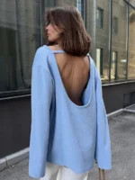 Women Backless Long Sleeve Knitted Sweaters Casual O-Neck Loose Jumpers Tops Autumn Winter Fashion Solid Pullovers Sweater - Image 2
