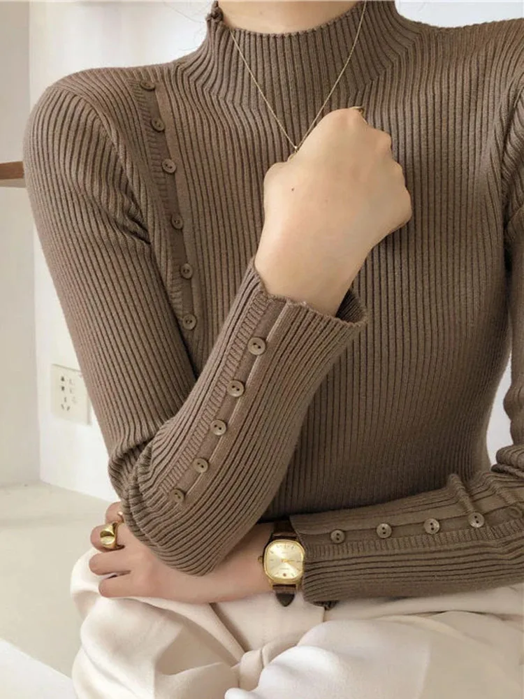 kf-Sac21e4d502564c5881edb0e99fd75d409 Women Knitted Sweater Long Sleeve Button Turtleneck Slim Pullovers for Autumn Winter Female Sweaters Soft Warm Bottoming Tops - Image 1