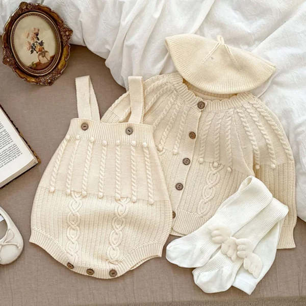 Autumn Spring Korean Style Children Knitted Clothing Suit Long Sleeved Solid Color Cardigan+Jumpsuit Infant Baby Clothes Set
