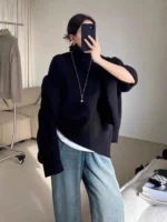 100% pure cashmere sweater for women high-neck sweater loose and thickened silhouette sweater - Image 3