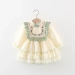 Girls' Autumn Long sleeved Lace Lace Princess Dress with Embroidered Pan Button Chinese Style Baby Dress