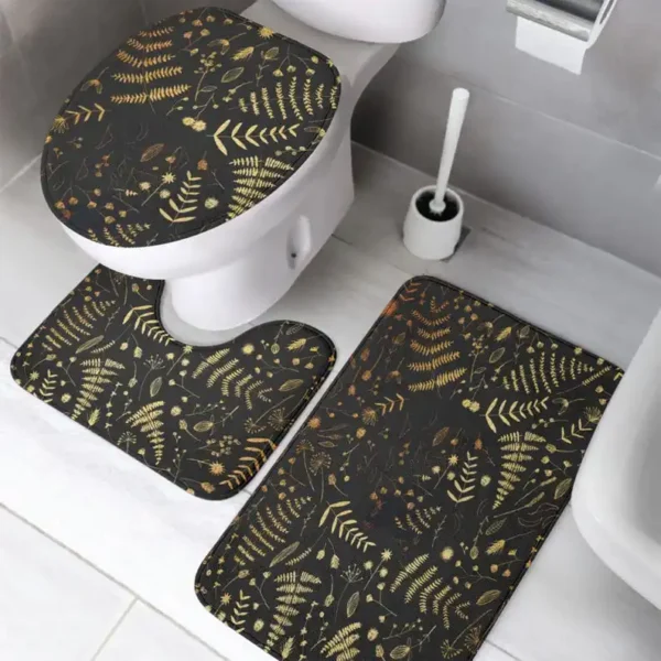 3PCS Golden Botanicals Bath Set, Luxury Floral Bath Mat & Decor, New Home Gift for Women with Elegant Bathroom Ideas