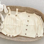Autumn Spring Korean Style Children Knitted Clothing Suit Long Sleeved Solid Color Cardigan+Jumpsuit Infant Baby Clothes Set - Image 3