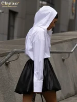 Clacive Fashion Loose White Cotton Women's Shirt 2025 Elegant Hooded Long Sleeve Blouses Streetwear Solid Top Female Clothing - Image 2