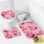 3PCS Pink Bow Cherry Bath Mat Set, U-Shape Toilet Lid Cover & Rug, Non-Slip Cute Bathroom Decor with Floral Fruit Theme - Image 3