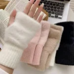 New Women's Half-Finger Gloves - Soft & Warm for Winter, Luxury Solid-Color Plush Knitted Fingerless Gloves - Image 3