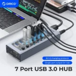 ORICO USB3.0 Hub Aluminum Industrial 7-Port Splitter Split Switch with 12v Power Adapter for Macbook Mobile Phone Tablets